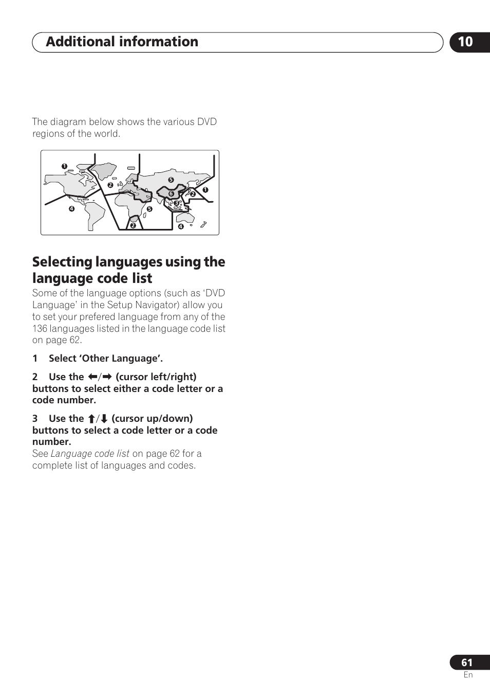 Selecting languages using the language code list, Additional information 10 | Pioneer DV-260 User Manual | Page 61 / 68