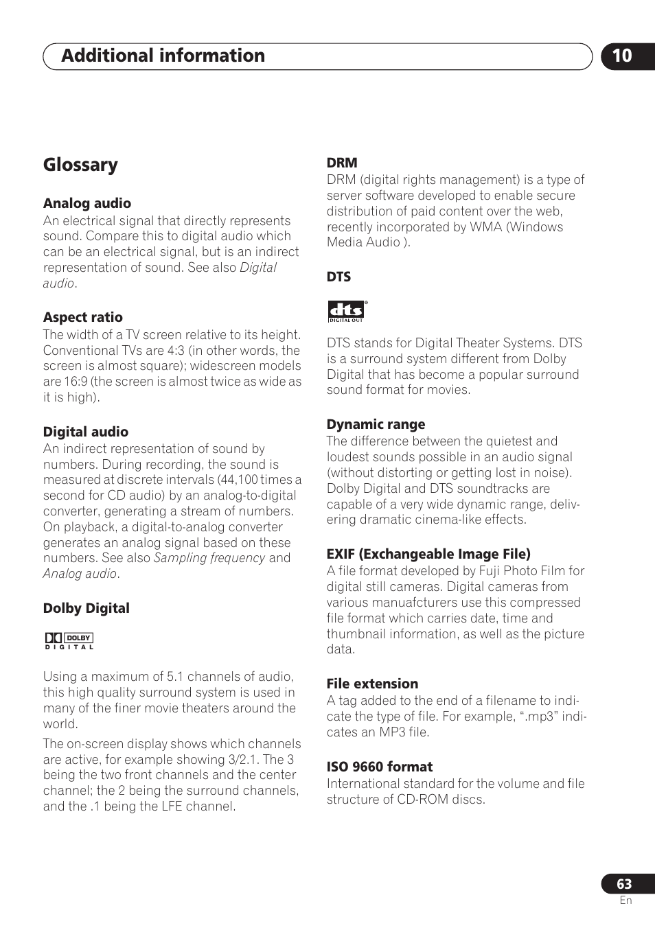 Glossary, Additional information 10 | Pioneer DV-260 User Manual | Page 63 / 68