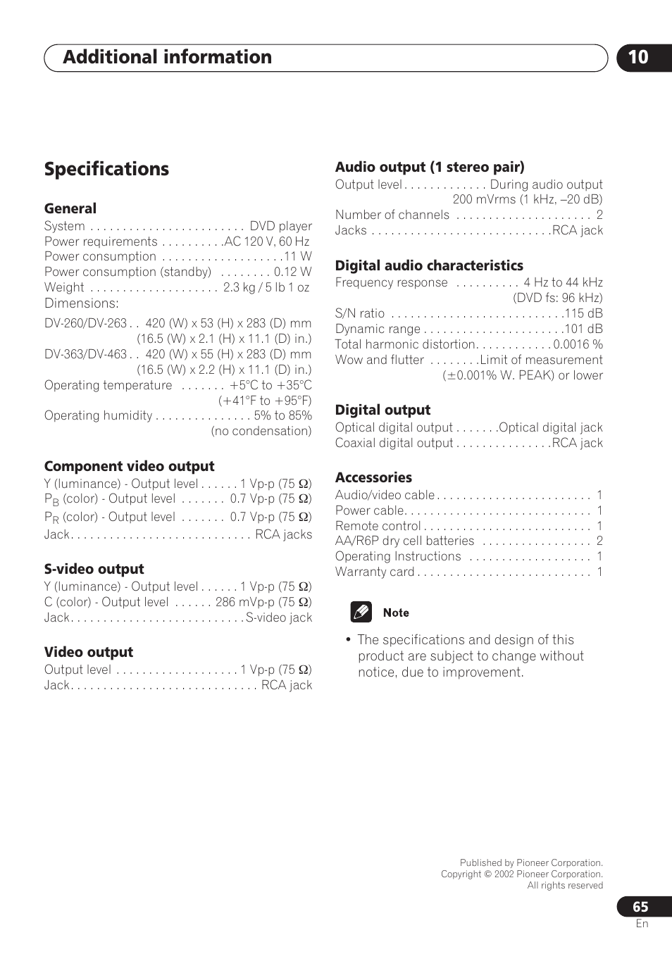 Specifications, Additional information 10 | Pioneer DV-260 User Manual | Page 65 / 68