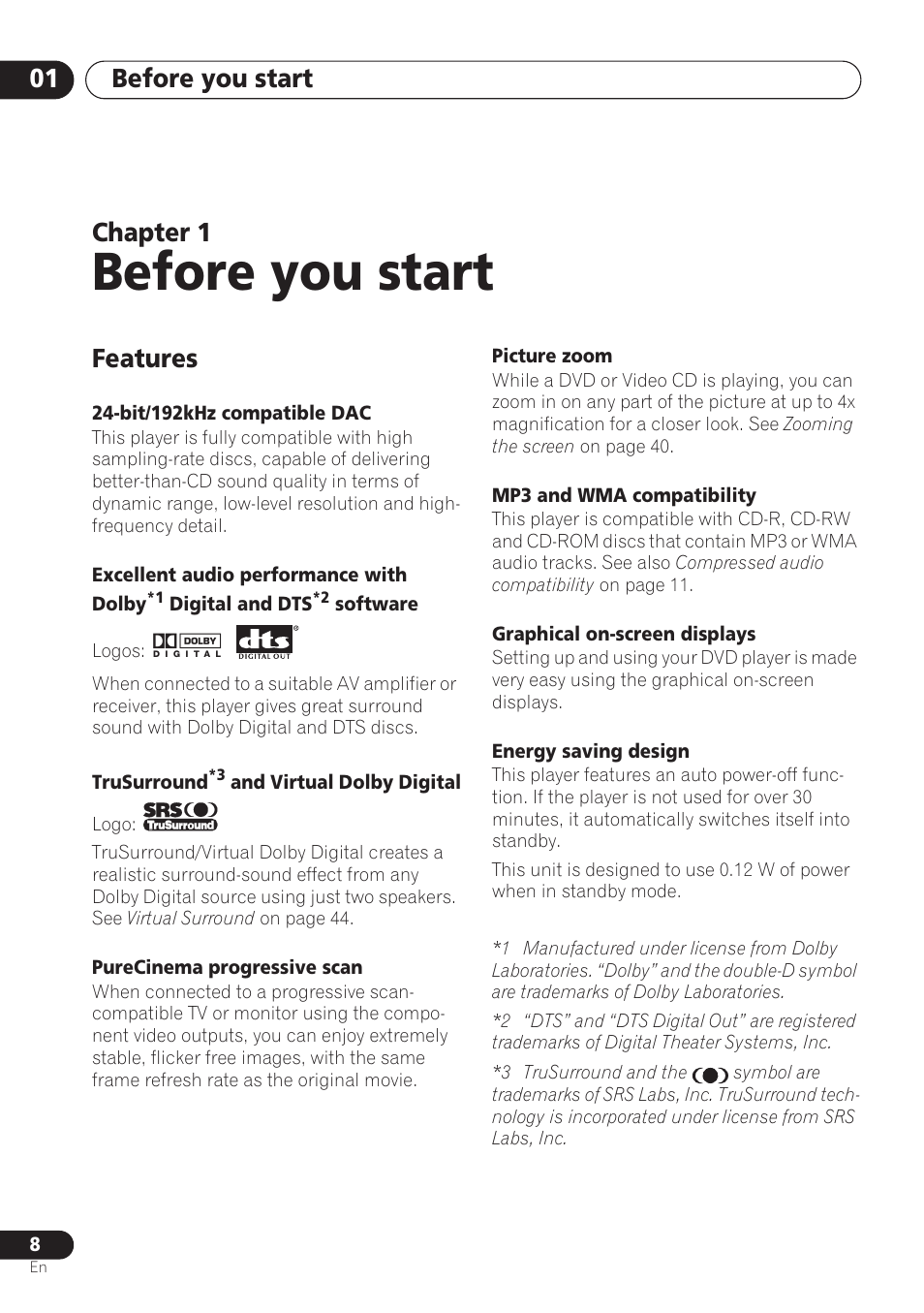 Features, Before you start, Before you start 01 | Chapter 1 | Pioneer DV-260 User Manual | Page 8 / 68
