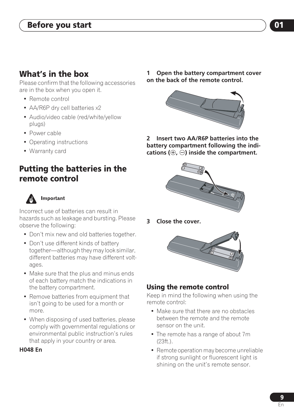 What’s in the box, Putting the batteries in the remote control, Using the remote control | Before you start 01 | Pioneer DV-260 User Manual | Page 9 / 68