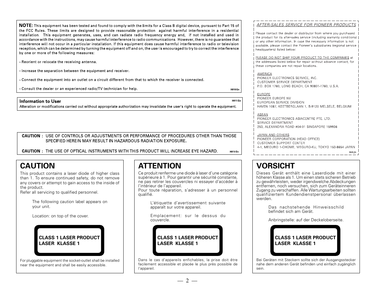 Attention, Vorsicht, Caution | Pioneer DVD-ROm Drive Unit DVD-117 User Manual | Page 2 / 8