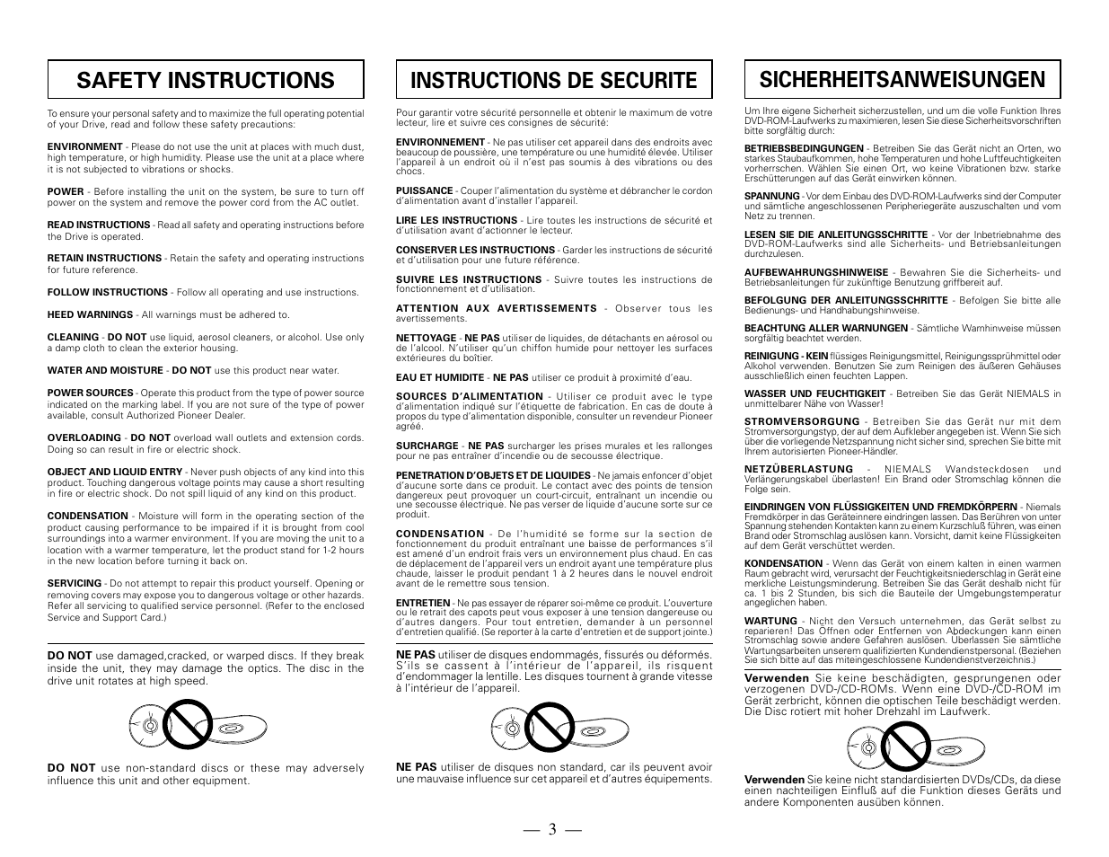 Safety instructions, Instructions de securite, Sicherheitsanweisungen | Pioneer DVD-ROm Drive Unit DVD-117 User Manual | Page 3 / 8