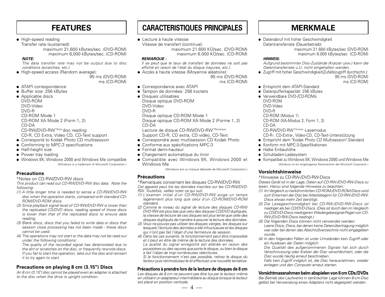 Merkmale, Caracteristiques principales, Features | Pioneer DVD-ROm Drive Unit DVD-117 User Manual | Page 4 / 8