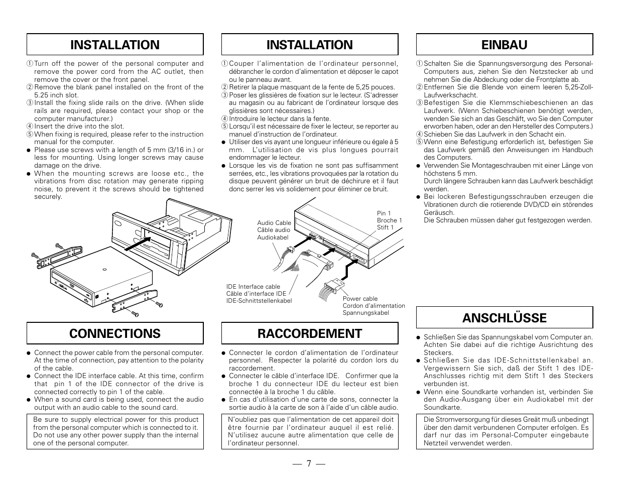 Anschlüsse, Connections, Raccordement | Installation, Einbau | Pioneer DVD-ROm Drive Unit DVD-117 User Manual | Page 7 / 8