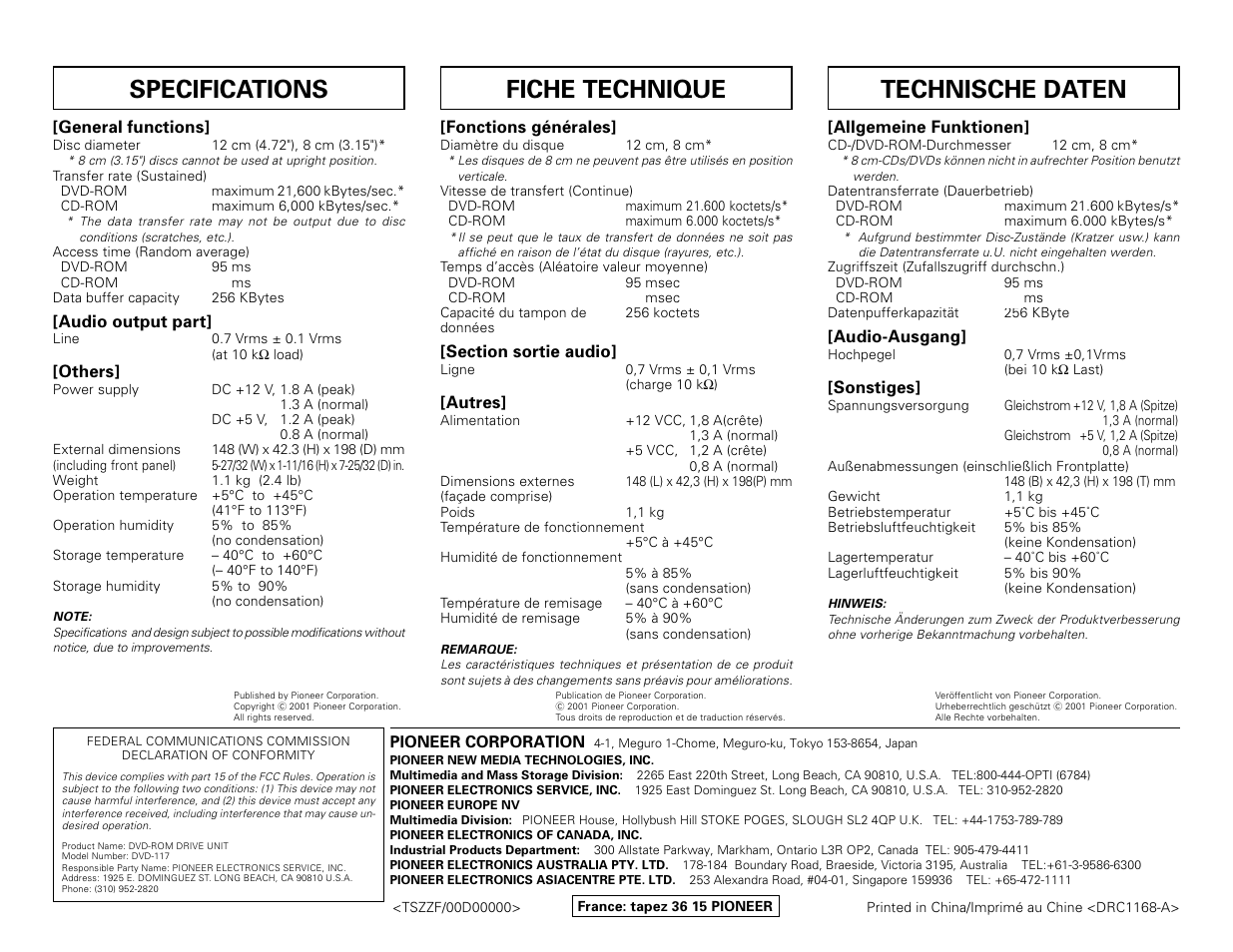Specifications, Fiche technique, Technische daten | Pioneer DVD-ROm Drive Unit DVD-117 User Manual | Page 8 / 8