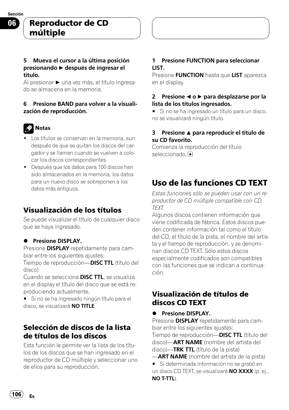 Visualización de los títulos 106, Selección de discos de la lista de, Títulos de los discos 106 | Uso de las funciones cd text 106, Visualización de títulos de discos cd, Text 106, Uso de las funciones cd text, Reproductor de cd múltiple, Visualización de los títulos, Visualización de títulos de discos cd text | Pioneer DEH-P3600 User Manual | Page 106 / 124