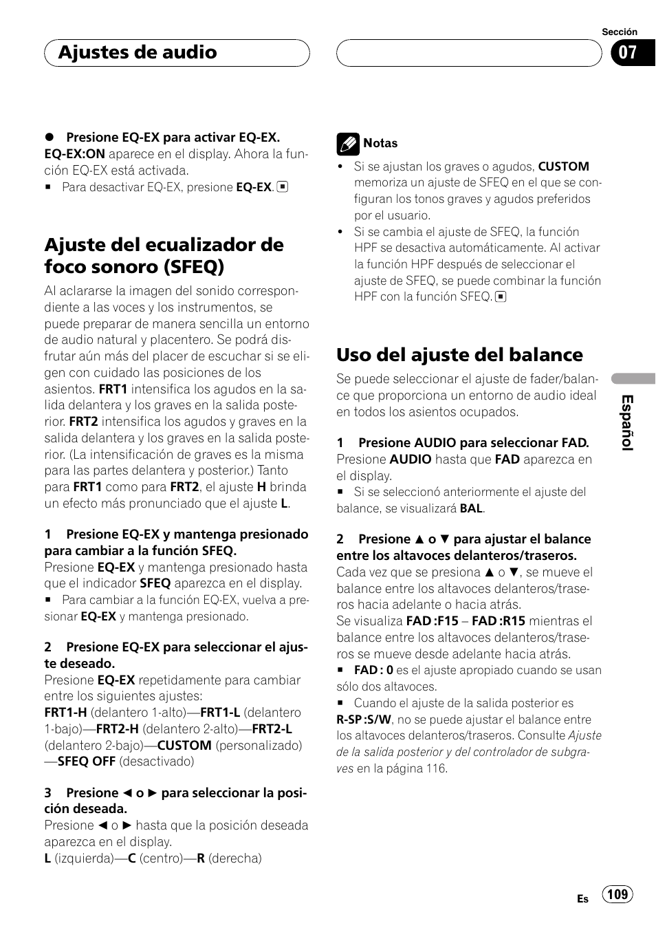 Ajuste del ecualizador de foco sonoro, Sfeq) 109, Uso del ajuste del balance 109 | Ajuste del ecualizador de foco sonoro (sfeq), Uso del ajuste del balance, Ajustes de audio | Pioneer DEH-P3600 User Manual | Page 109 / 124