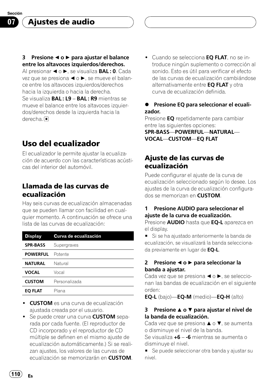 Uso del ecualizador 110, Llamada de las curvas de, Ecualización 110 | Ajuste de las curvas de, Uso del ecualizador, Ajustes de audio, Llamada de las curvas de ecualización, Ajuste de las curvas de ecualización | Pioneer DEH-P3600 User Manual | Page 110 / 124