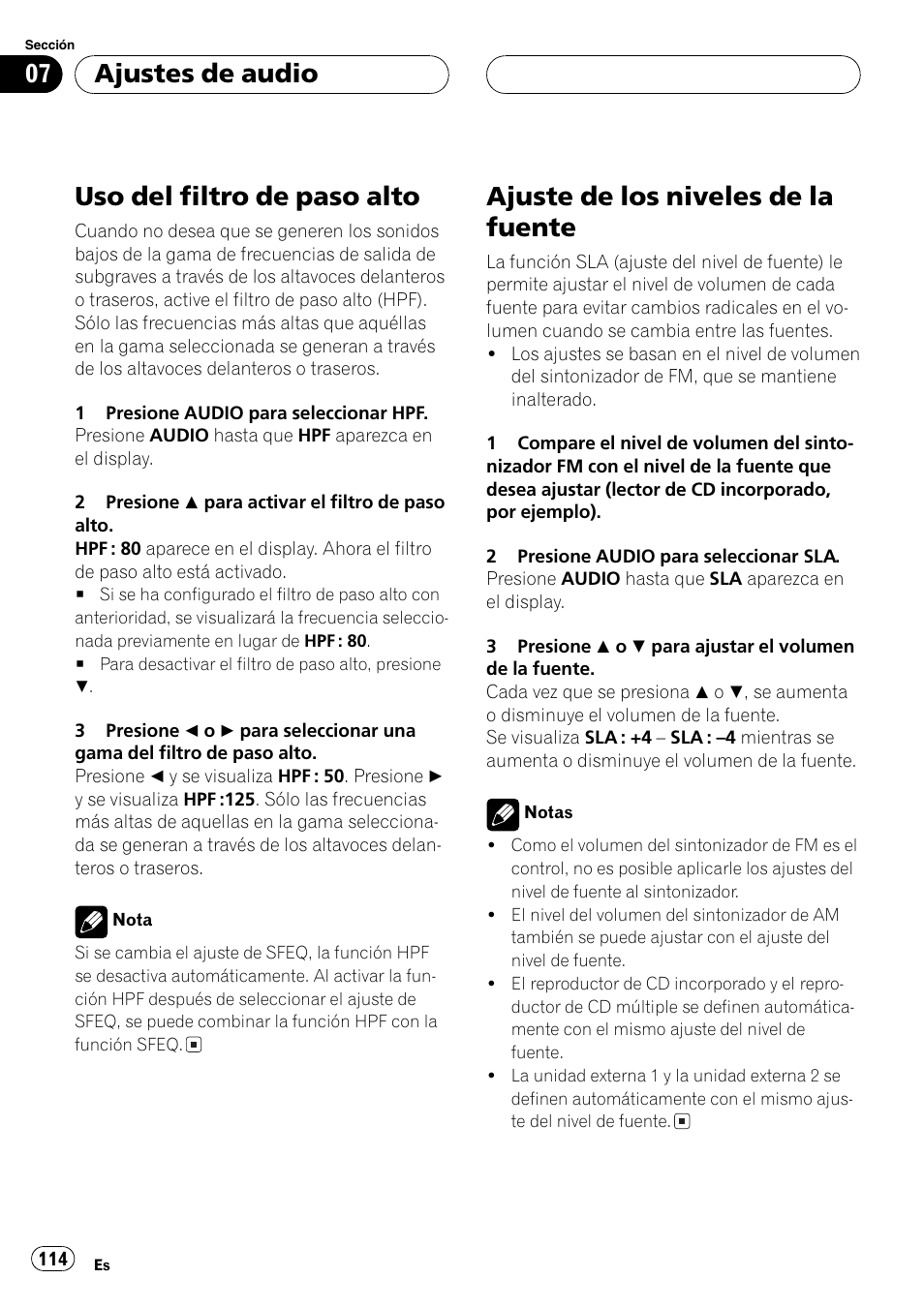 Uso del filtro de paso alto 114, Ajuste de los niveles de la fuente 114, Uso del filtro de paso alto | Ajuste de los niveles de la fuente, Ajustes de audio | Pioneer DEH-P3600 User Manual | Page 114 / 124