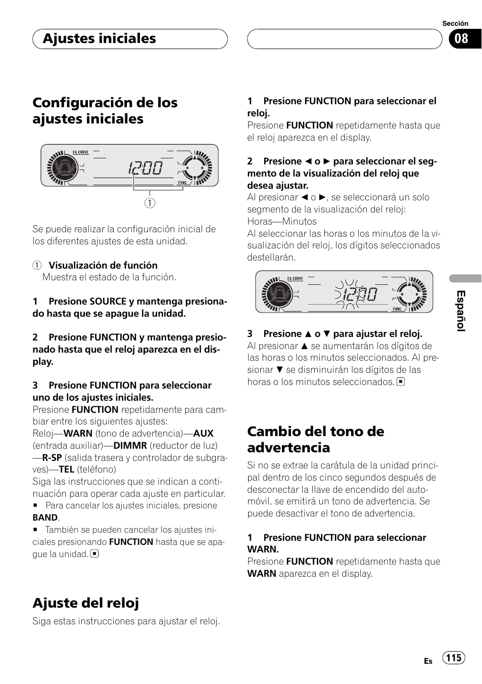 Ajustes iniciales, Configuración de los ajustes iniciales 115, Ajuste del reloj 115 | Cambio del tono de advertencia 115, Configuración de los ajustes iniciales, Ajuste del reloj, Cambio del tono de advertencia | Pioneer DEH-P3600 User Manual | Page 115 / 124