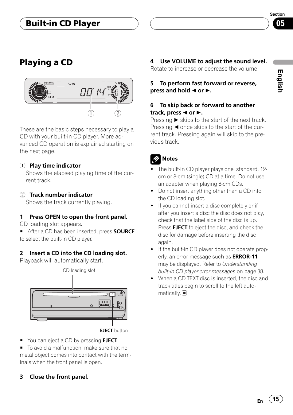 Built-in cd player playing a cd 15, Playing a cd, Built-in cd player | Pioneer DEH-P3600 User Manual | Page 15 / 124