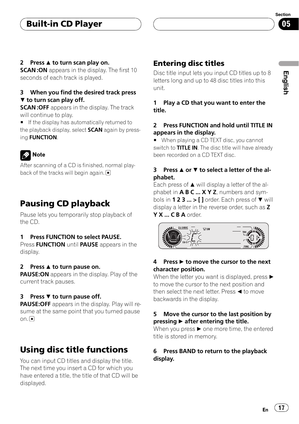 Entering disc titles 17, Pausing cd playback, Using disc title functions | Built-in cd player, Entering disc titles | Pioneer DEH-P3600 User Manual | Page 17 / 124