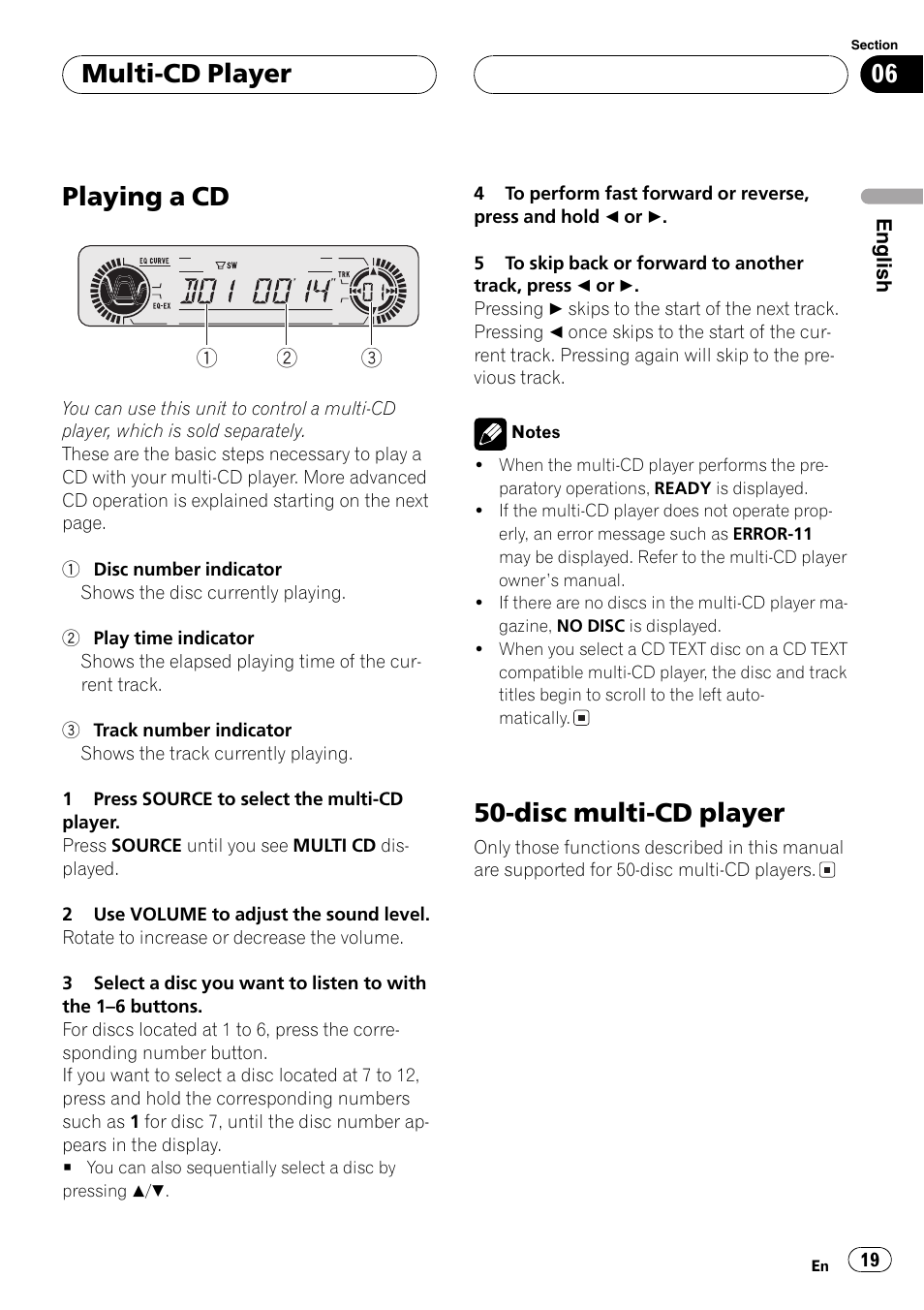 Playing a cd, Disc multi-cd player, Multi-cd player | Pioneer DEH-P3600 User Manual | Page 19 / 124