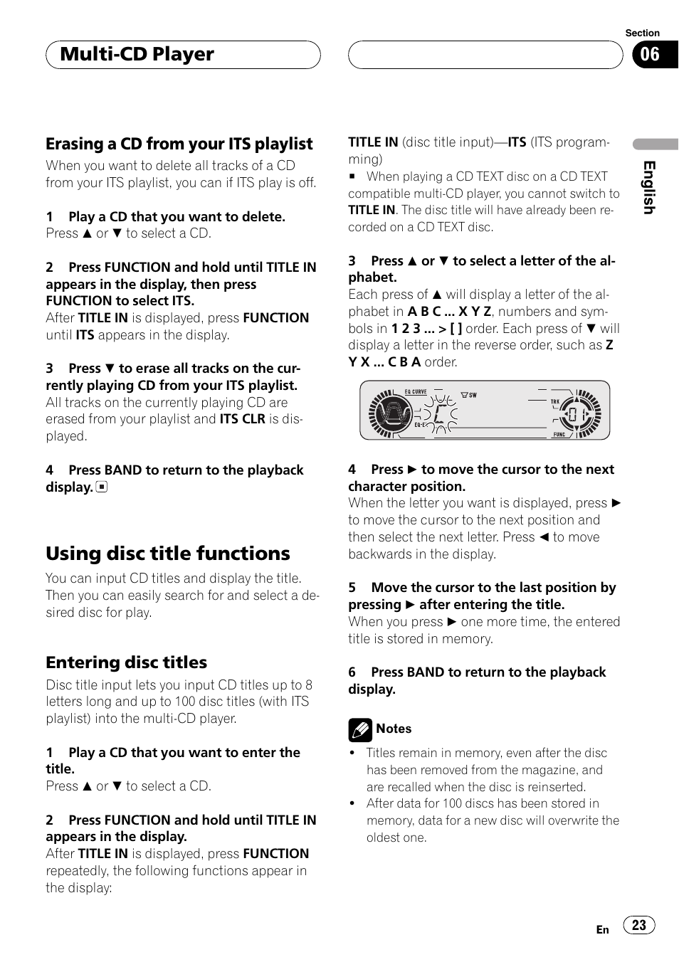 Erasing a cd from your its, Playlist 23, Using disc title functions 23 | Entering disc titles 23, Using disc title functions, Multi-cd player, Erasing a cd from your its playlist, Entering disc titles | Pioneer DEH-P3600 User Manual | Page 23 / 124