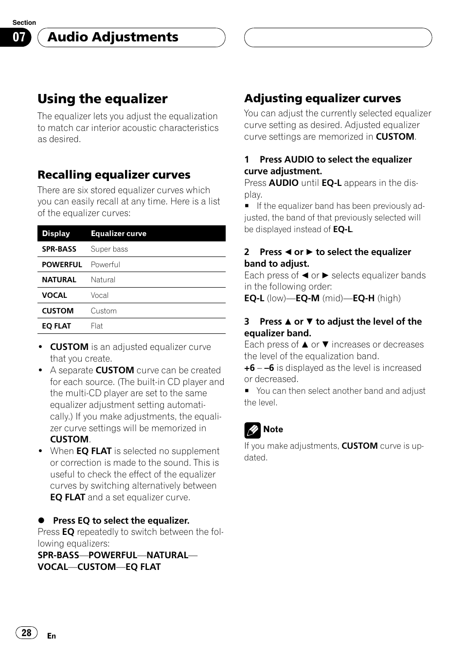 Using the equalizer 28, Recalling equalizer curves 28, Adjusting equalizer curves 28 | Using the equalizer, Audio adjustments, Recalling equalizer curves, Adjusting equalizer curves | Pioneer DEH-P3600 User Manual | Page 28 / 124