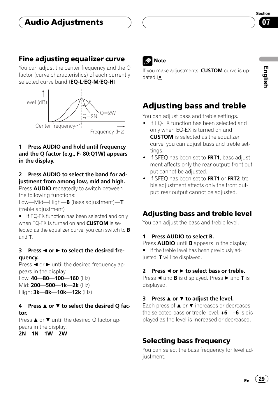 Fine adjusting equalizer curve 29, Adjusting bass and treble 29, Adjusting bass and treble level 29 | Selecting bass frequency 29, Adjusting bass and treble, Audio adjustments, Fine adjusting equalizer curve, Adjusting bass and treble level, Selecting bass frequency | Pioneer DEH-P3600 User Manual | Page 29 / 124