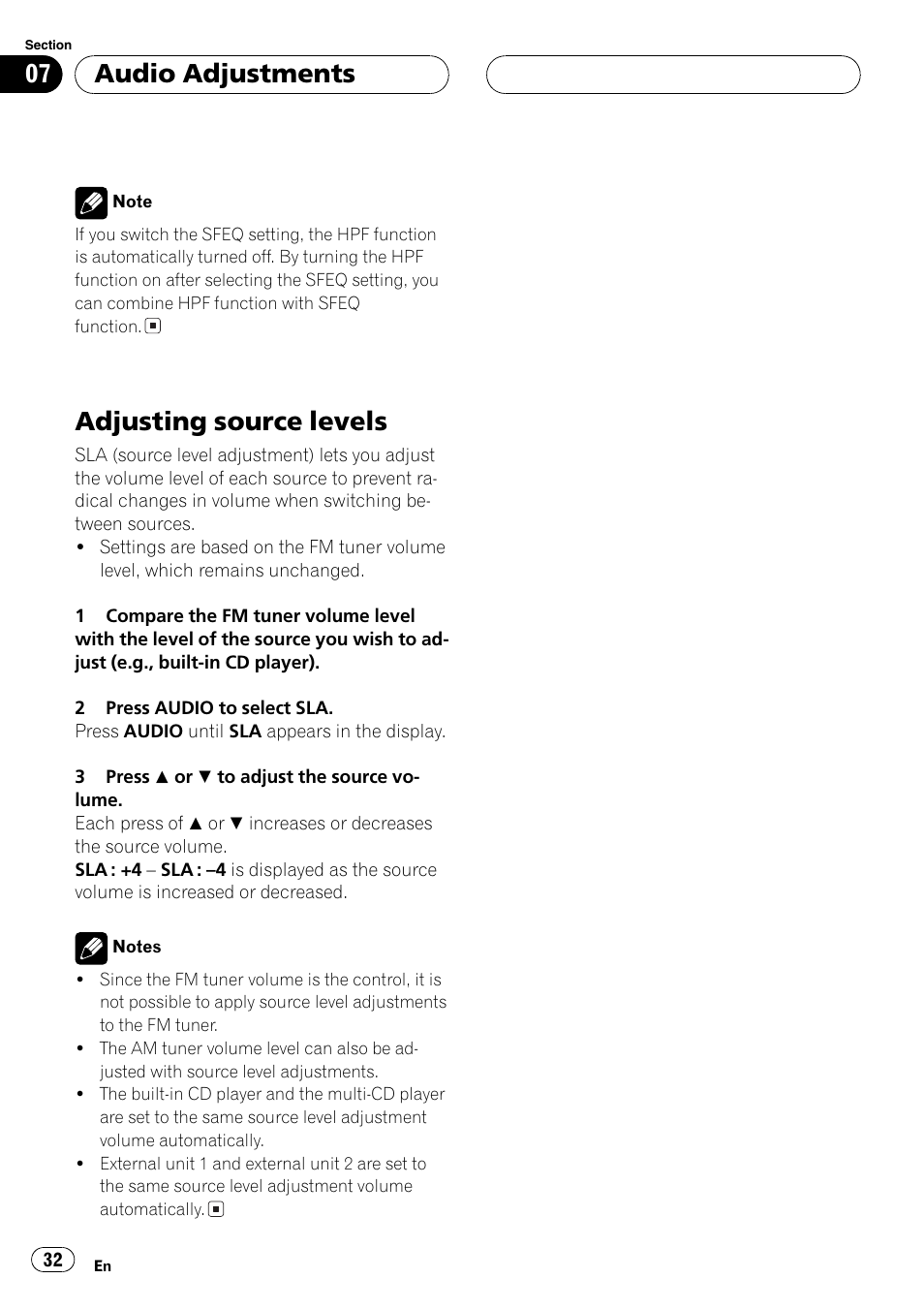 Adjusting source levels 32, Adjusting source levels, Audio adjustments | Pioneer DEH-P3600 User Manual | Page 32 / 124