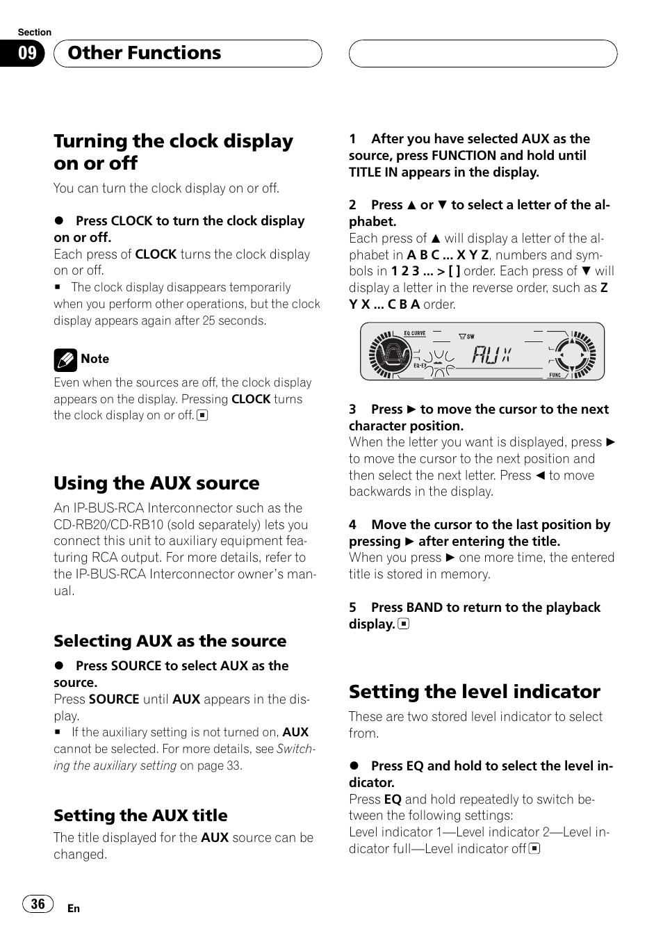Selecting aux as the source 36, Setting the aux title 36, Setting the level indicator 36 | Turning the clock display on or off, Using the aux source, Setting the level indicator, Other functions | Pioneer DEH-P3600 User Manual | Page 36 / 124