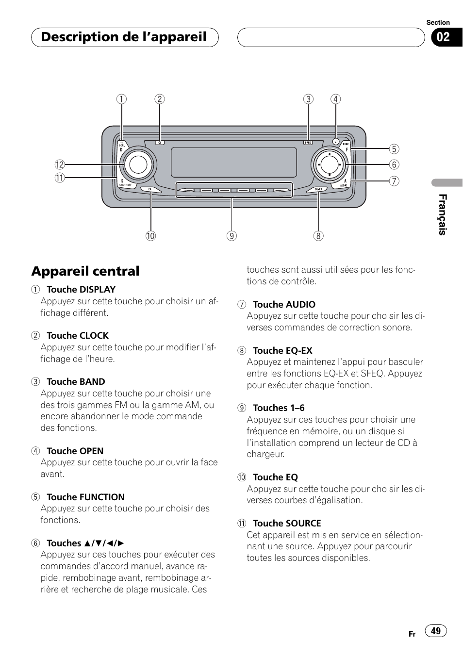 Description de lappareil, Appareil central 49, Appareil central | Pioneer DEH-P3600 User Manual | Page 49 / 124