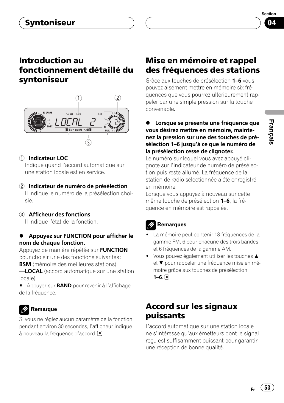 Introduction au fonctionnement détaillé du, Syntoniseur 53, Mise en mémoire et rappel des fréquences | Des stations 53, Accord sur les signaux puissants 53, Accord sur les signaux puissants, Syntoniseur | Pioneer DEH-P3600 User Manual | Page 53 / 124