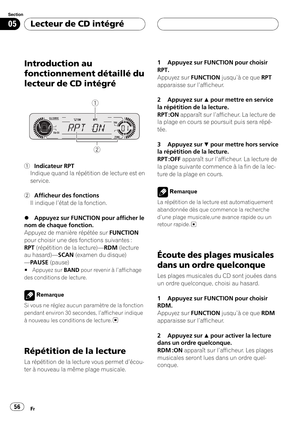 Introduction au fonctionnement détaillé du, Lecteur de cd intégré 56, Répétition de la lecture 56 | Écoute des plages musicales dans un ordre, Quelconque 56, Répétition de la lecture, Lecteur de cd intégré | Pioneer DEH-P3600 User Manual | Page 56 / 124