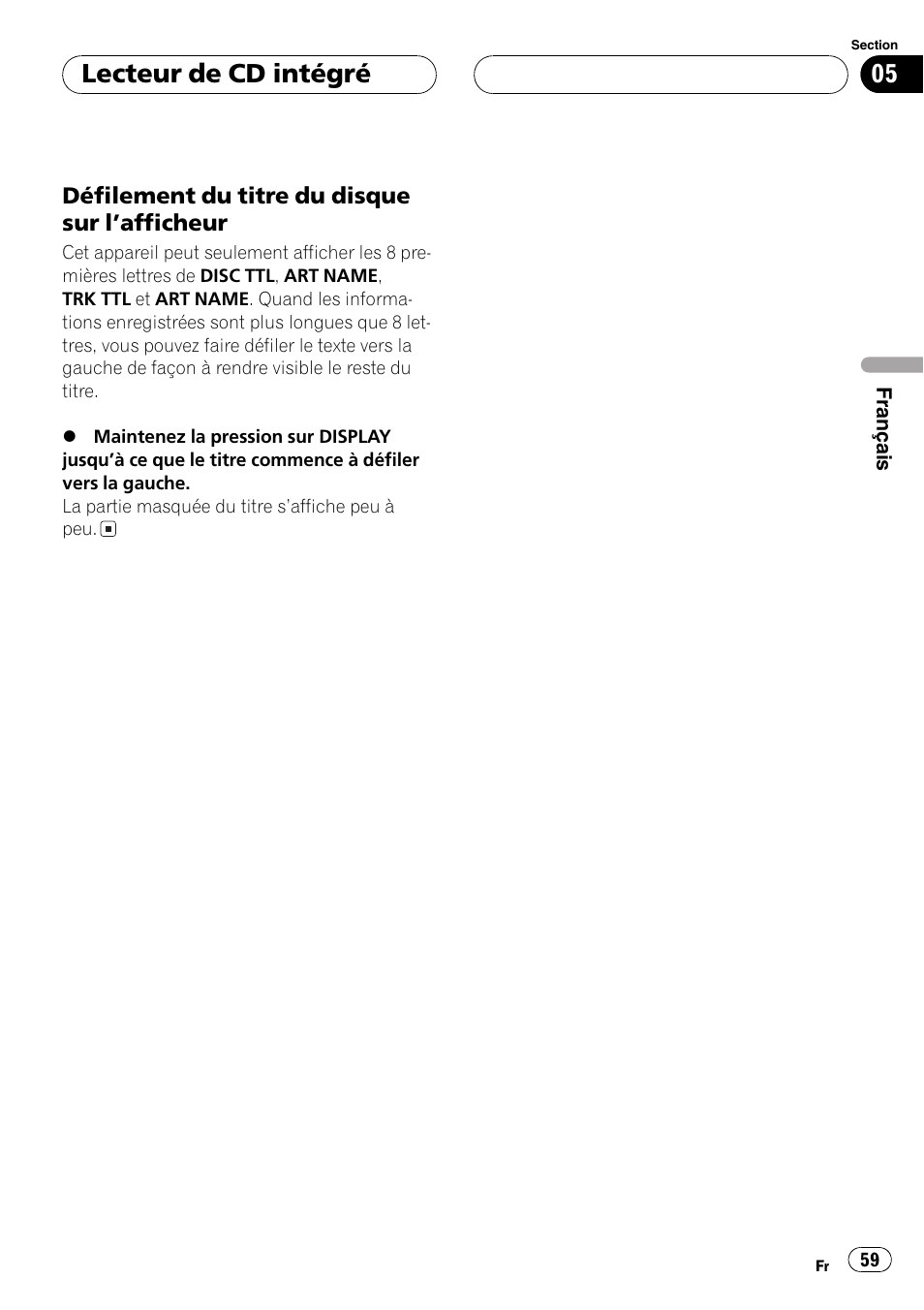 Défilement du titre du disque sur, Lafficheur 59, Lecteur de cd intégré | Pioneer DEH-P3600 User Manual | Page 59 / 124