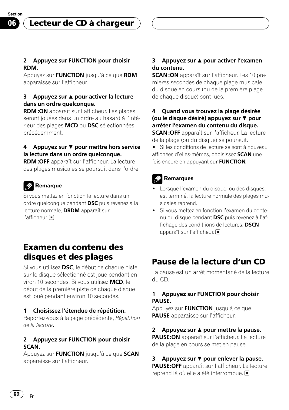 Examen du contenu des disques et des, Plages 62, Pause de la lecture dun cd 62 | Examen du contenu des disques et des plages, Pause de la lecture dun cd, Lecteur de cd à chargeur | Pioneer DEH-P3600 User Manual | Page 62 / 124
