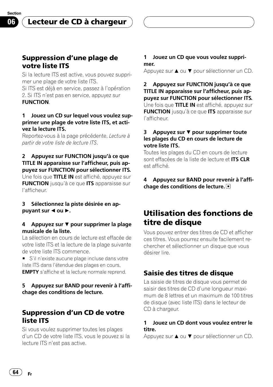 Suppression dune plage de votre liste, Its 64, Suppression dun cd de votre liste | Utilisation des fonctions de titre de, Disque 64, Saisie des titres de disque 64, Utilisation des fonctions de titre de disque, Lecteur de cd à chargeur | Pioneer DEH-P3600 User Manual | Page 64 / 124
