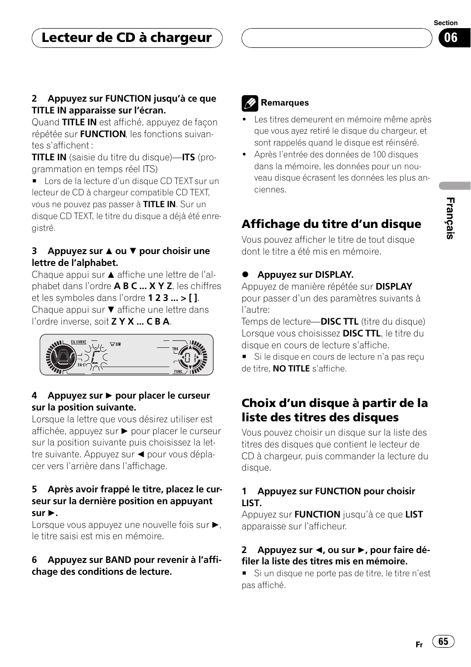 Affichage du titre dun disque 65, Choix dun disque à partir de la liste, Des titres des disques 65 | Lecteur de cd à chargeur, Affichage du titre dun disque | Pioneer DEH-P3600 User Manual | Page 65 / 124