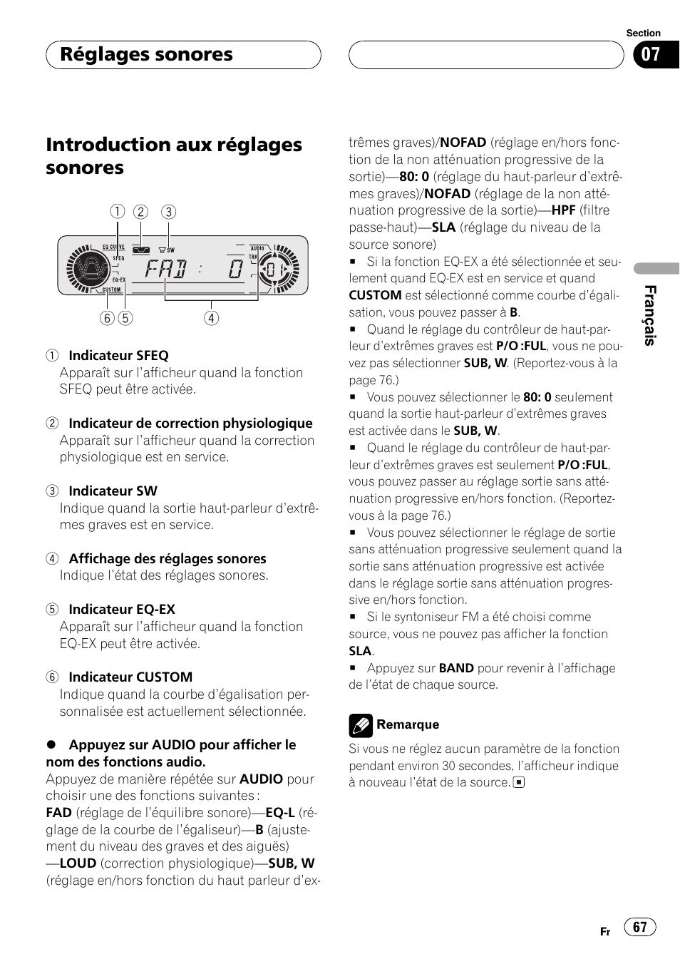 Réglages sonores, Introduction aux réglages sonores 67, Introduction aux réglages sonores | Pioneer DEH-P3600 User Manual | Page 67 / 124