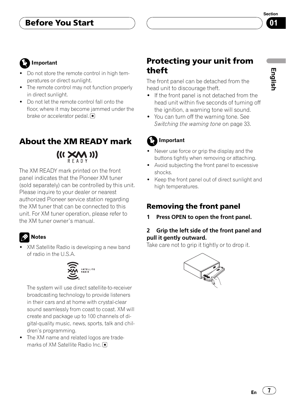 Removing the front panel 7, About the xmready mark, Protecting your unit from theft | Before you start, Removing the front panel | Pioneer DEH-P3600 User Manual | Page 7 / 124