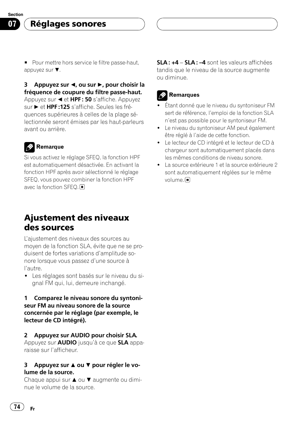 Ajustement des niveaux des sources 74, Ajustement des niveaux des sources, Réglages sonores | Pioneer DEH-P3600 User Manual | Page 74 / 124