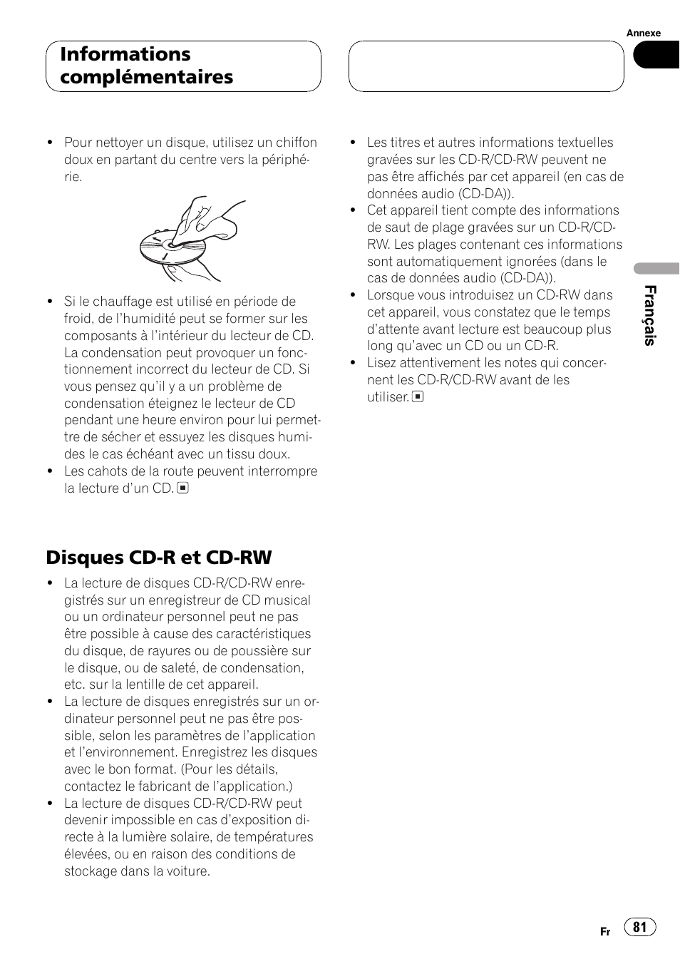 Disques cd-r et cd-rw 81, Disques cd-r et cd-rw, Informations complémentaires | Pioneer DEH-P3600 User Manual | Page 81 / 124