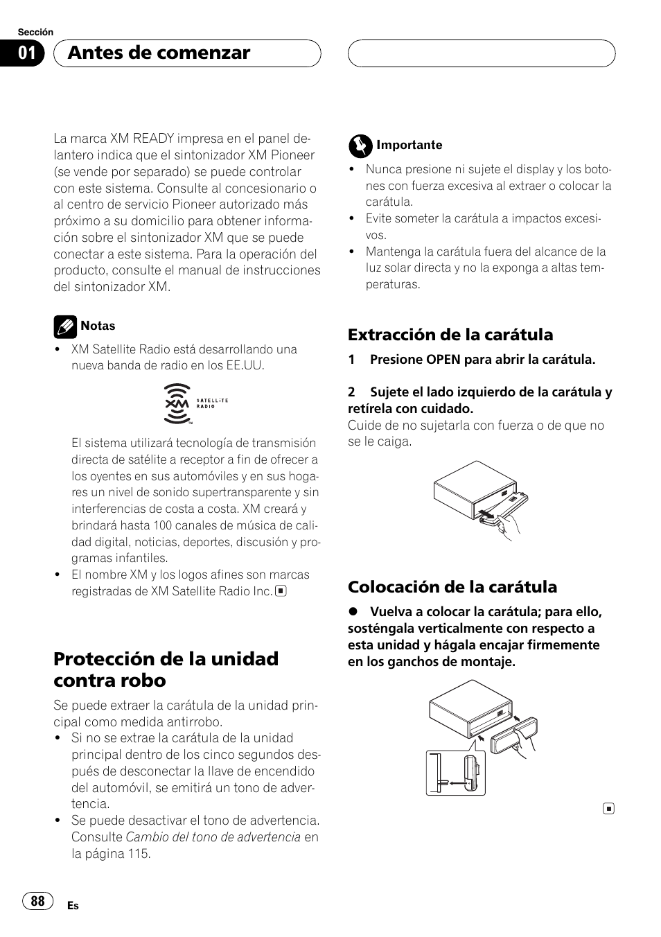 Protección de la unidad contra robo 88, Extracción de la carátula 88, Colocación de la carátula 88 | Protección de la unidad contra robo, Antes de comenzar, Extracción de la carátula, Colocación de la carátula | Pioneer DEH-P3600 User Manual | Page 88 / 124