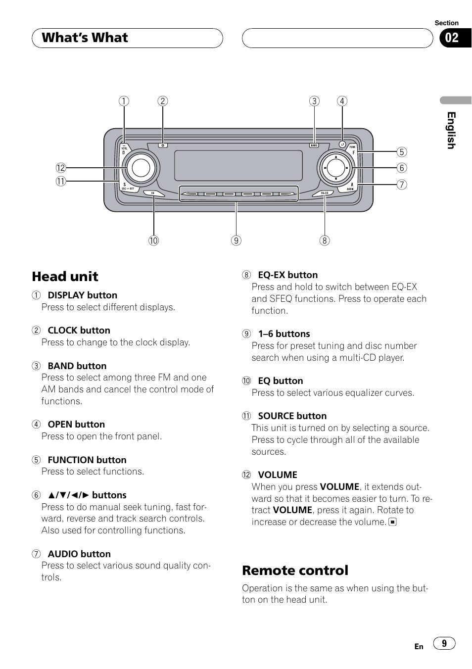 Whats what head unit 9 remote control 9, Head unit, Remote control | Whats what | Pioneer DEH-P3600 User Manual | Page 9 / 124