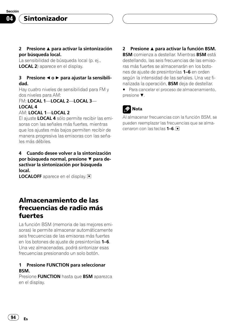 Almacenamiento de las frecuencias de radio, Más fuertes 94, Sintonizador | Pioneer DEH-P3600 User Manual | Page 94 / 124