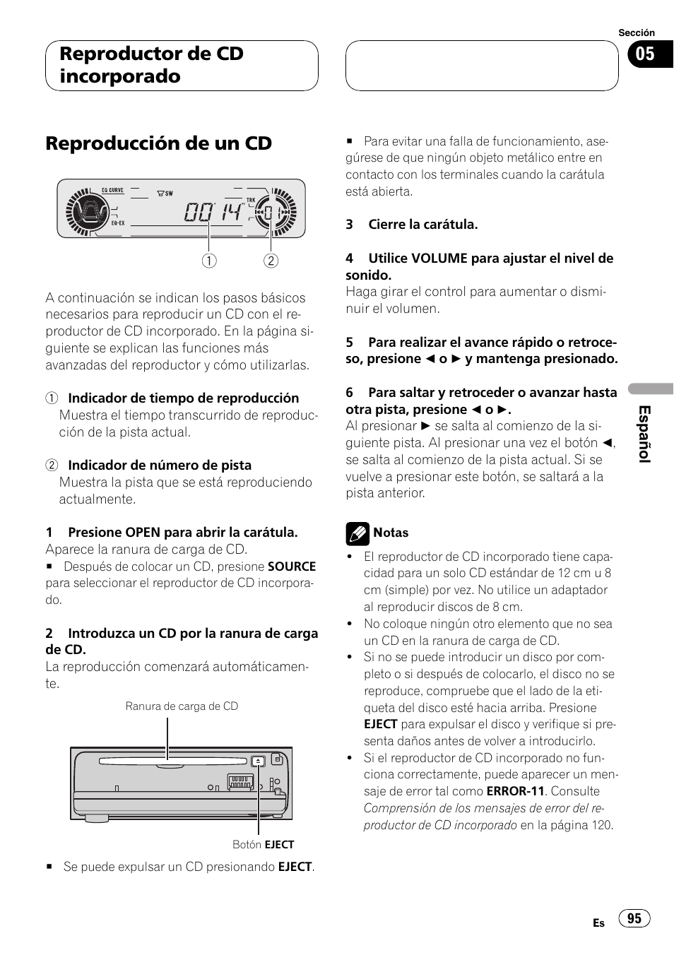 Reproductor de cd incorporado, Reproducción de un cd 95, Reproducción de un cd | Pioneer DEH-P3600 User Manual | Page 95 / 124