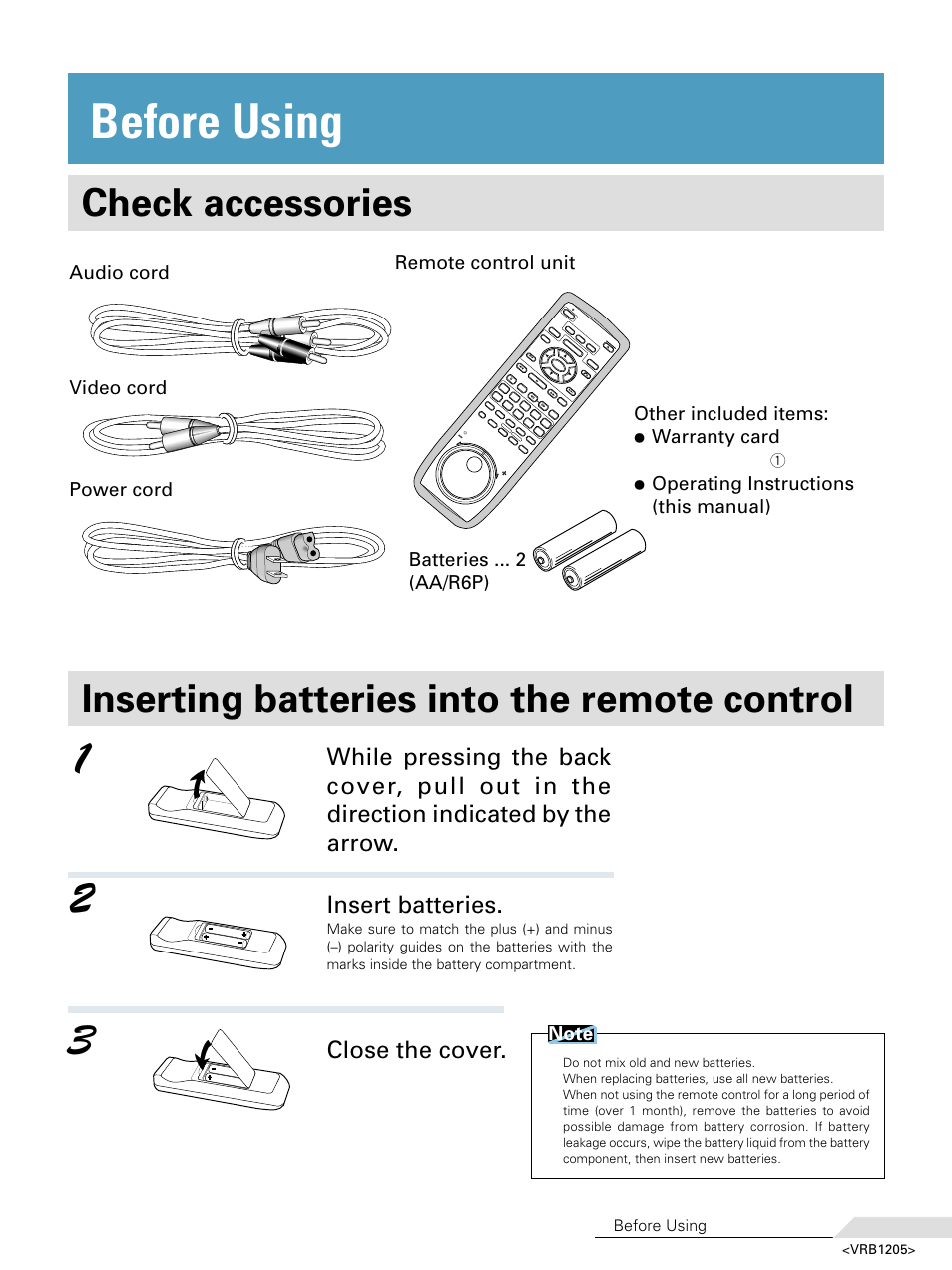 Check accessories, Inserting batteries into the remote control, Insert batteries | Close the cover, Batteries (aa/r6p), Operating instructions (this manual), Power cord video cord audio cord, Before using, Region number 1 models only.), Vrb1205 | Pioneer DV-05 User Manual | Page 11 / 62