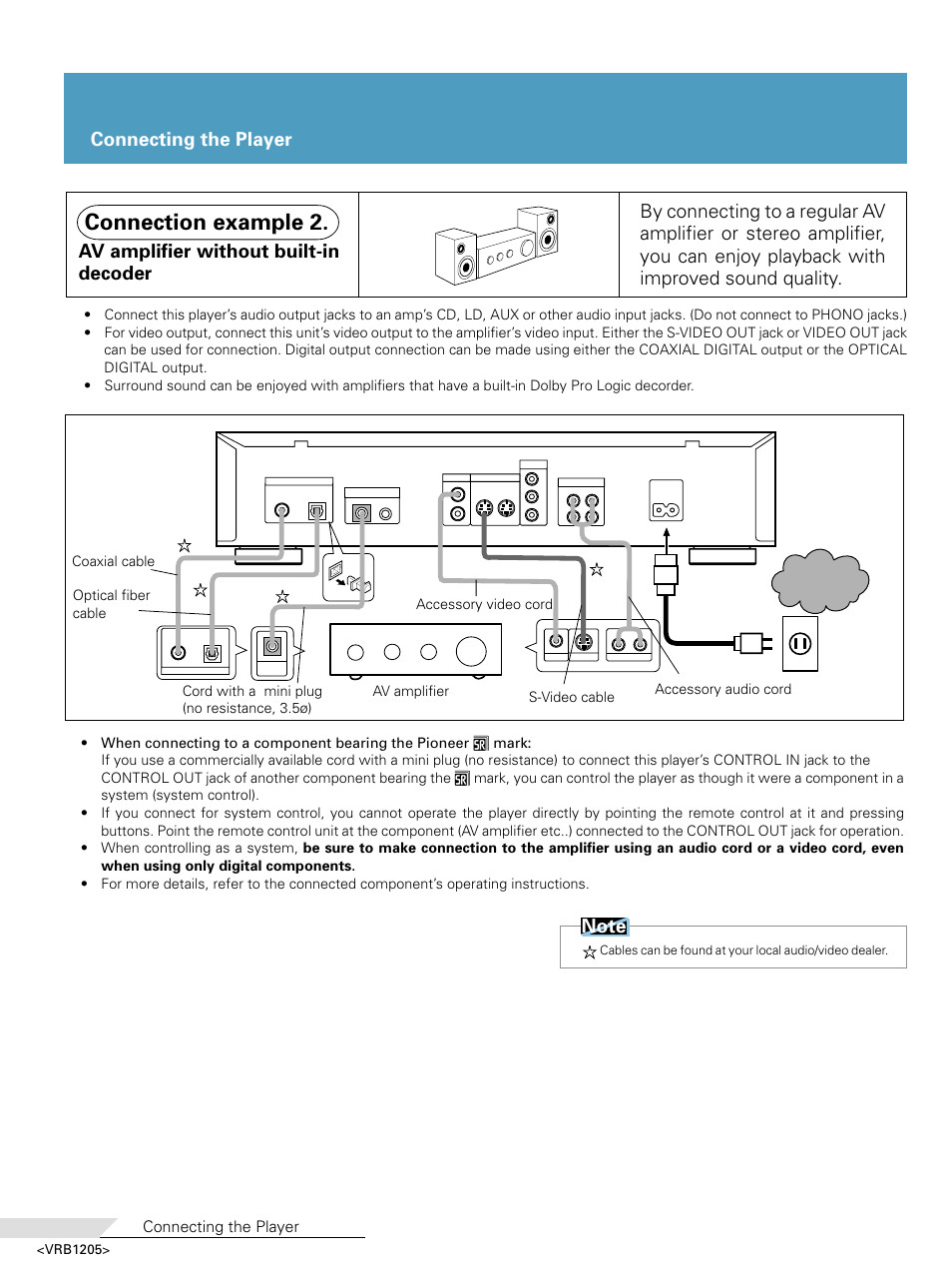 Connection example 2. av receiver with, Digital input for dolby digital (ac-3), Connection example 2 | Connecting the player | Pioneer DV-05 User Manual | Page 16 / 62