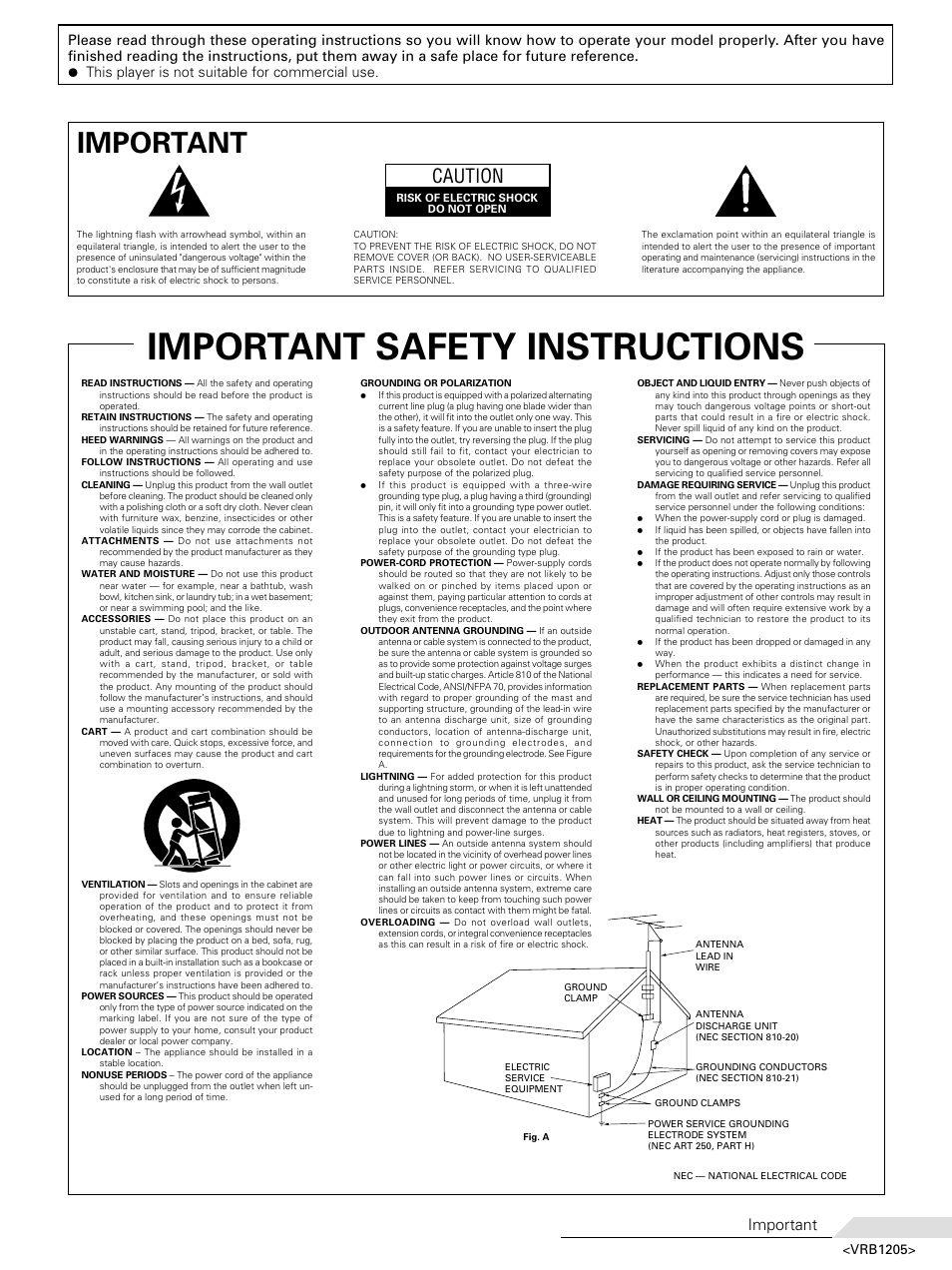 Important safety instructions, Caution, Important | Pioneer DV-05 User Manual | Page 3 / 62