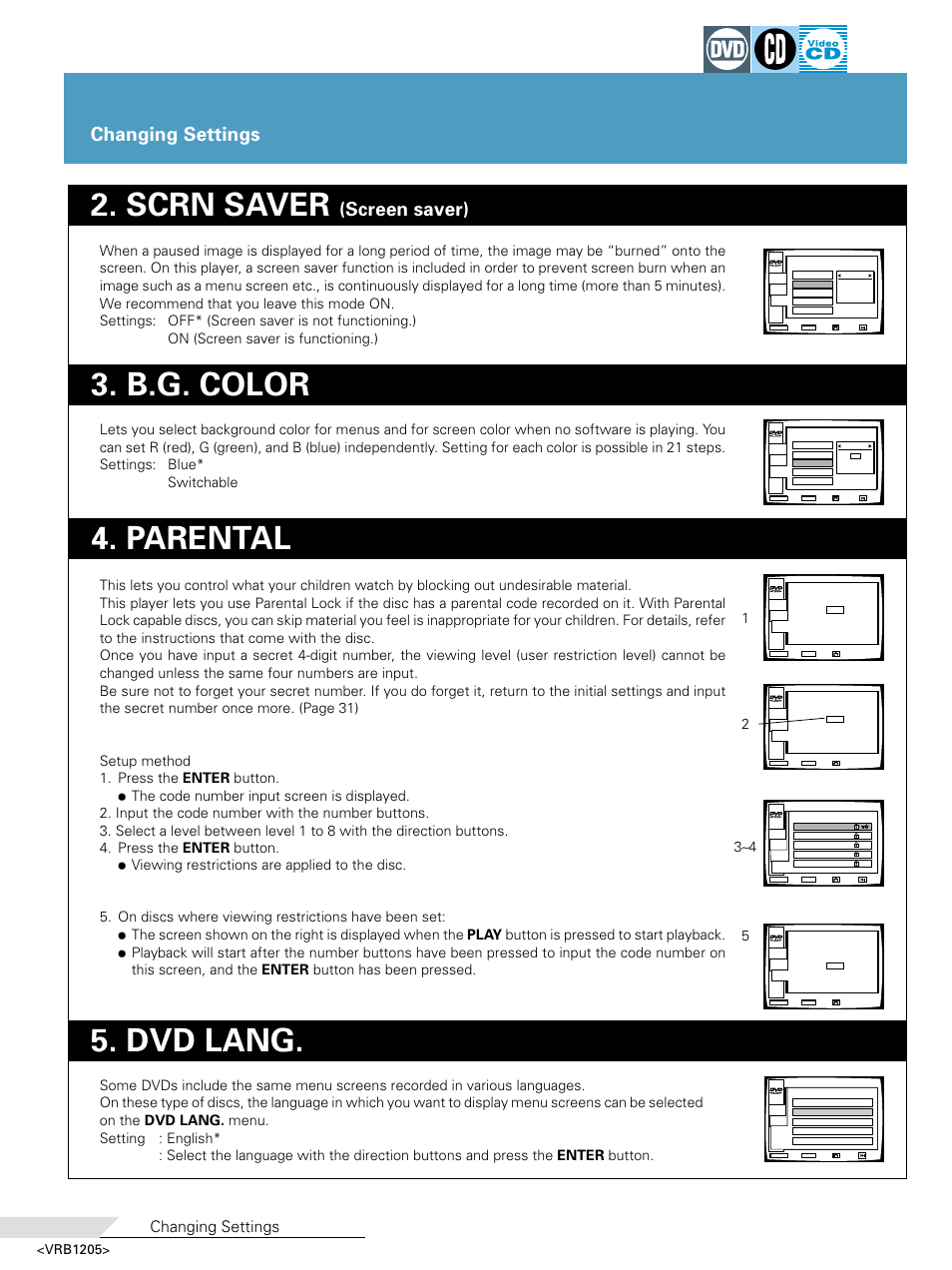 Parental 3. b.g. color, Dvd lang, Scrn saver | Changing settings, Screen saver), Vrb1205 | Pioneer DV-05 User Manual | Page 32 / 62