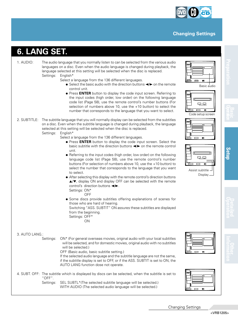 Lang set, Changing settings, Vrb1205 | Pioneer DV-05 User Manual | Page 33 / 62