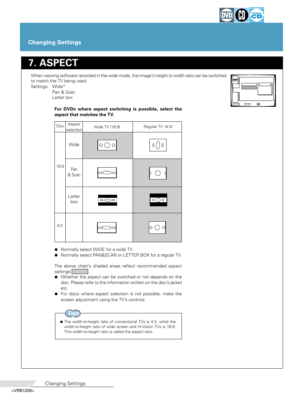 Aspect, Changing settings tips, Changing settings | Pioneer DV-05 User Manual | Page 34 / 62