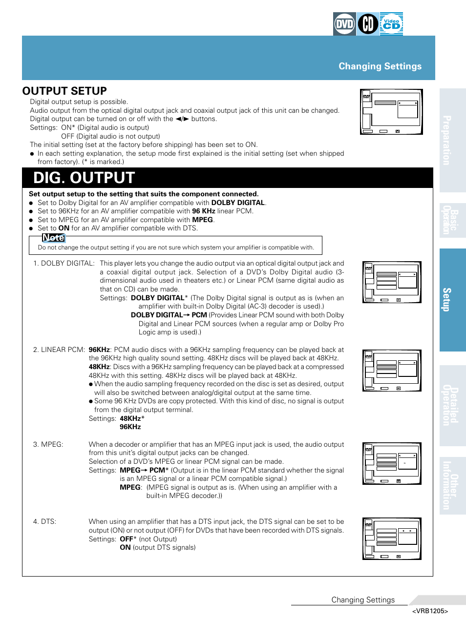 Dig. output, Output setup, Changing settings | Pioneer DV-05 User Manual | Page 35 / 62