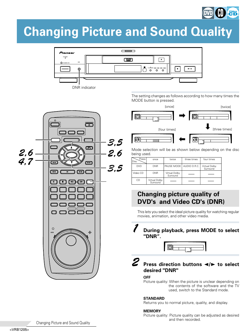 Changing picture and sound quality, During playback, press mode to select "dnr, Mode | Pioneer DV-05 User Manual | Page 36 / 62