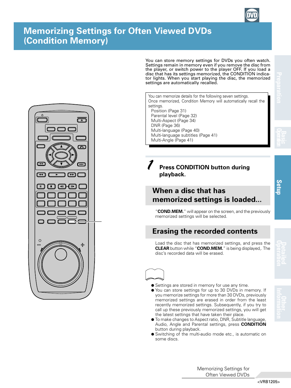 Memorizing settings for often viewed dvds, Condition memory), Erasing the recorded contents | Press condition button during playback, Condition | Pioneer DV-05 User Manual | Page 39 / 62