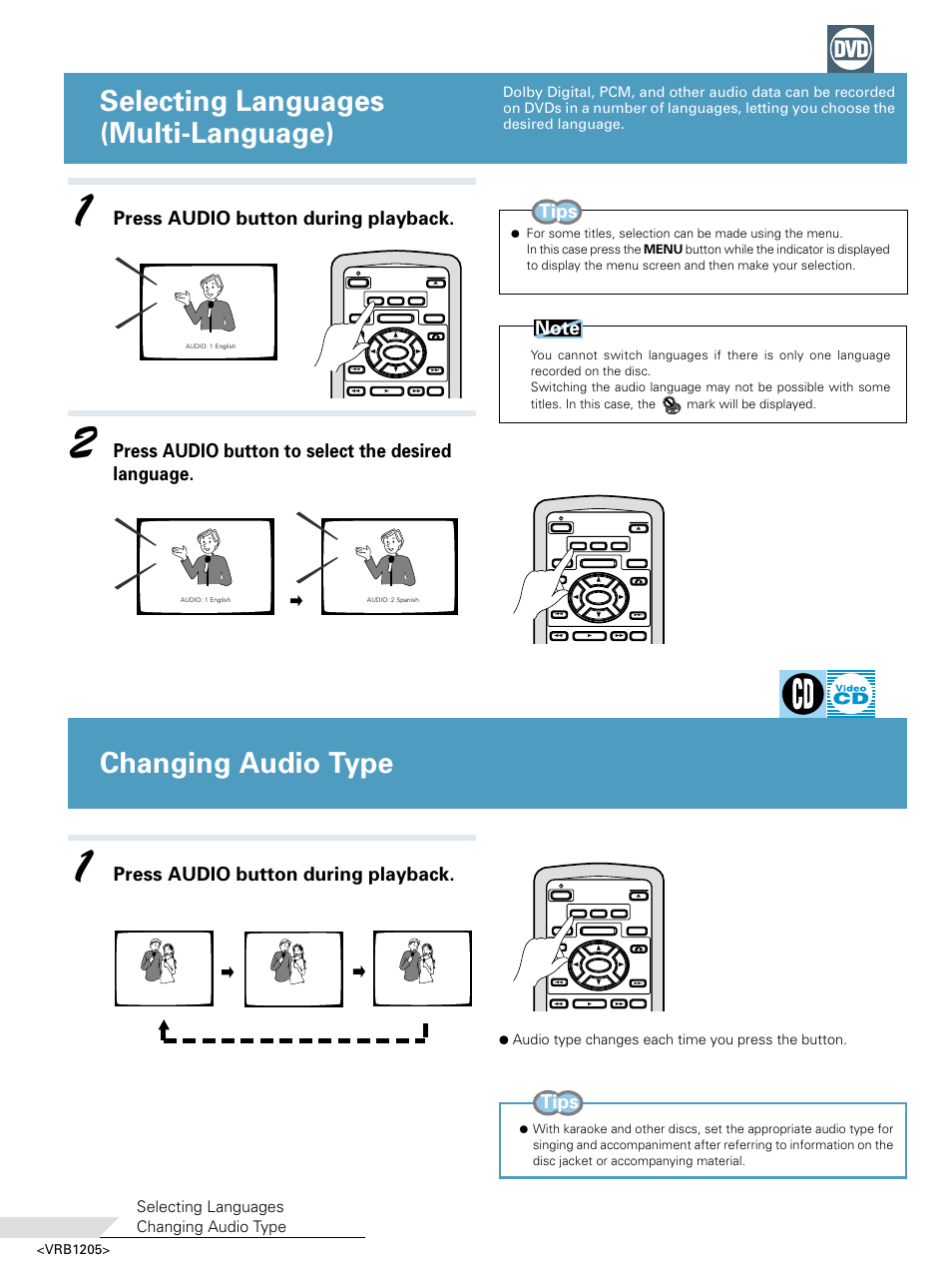 Selecting languages (multi-language), Changing audio type, Press audio button during playback | Tips, Press audio button to select the desired language, Selecting languages changing audio type, Audio type changes each time you press the button, Vrb1205, Hello, Hola hello | Pioneer DV-05 User Manual | Page 40 / 62