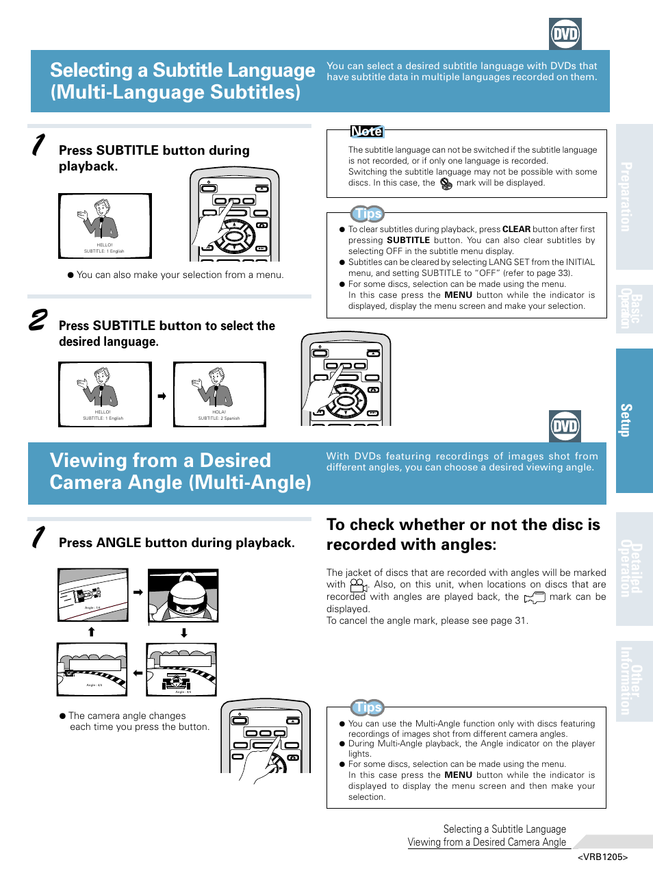 Selecting a subtitle language, Multi-language subtitles), Viewing from a desired camera angle | Multi-angle), Viewing from a desired camera angle (multi-angle), Tips, Press subtitle button during playback, Press angle button during playback, You can also make your selection from a menu | Pioneer DV-05 User Manual | Page 41 / 62