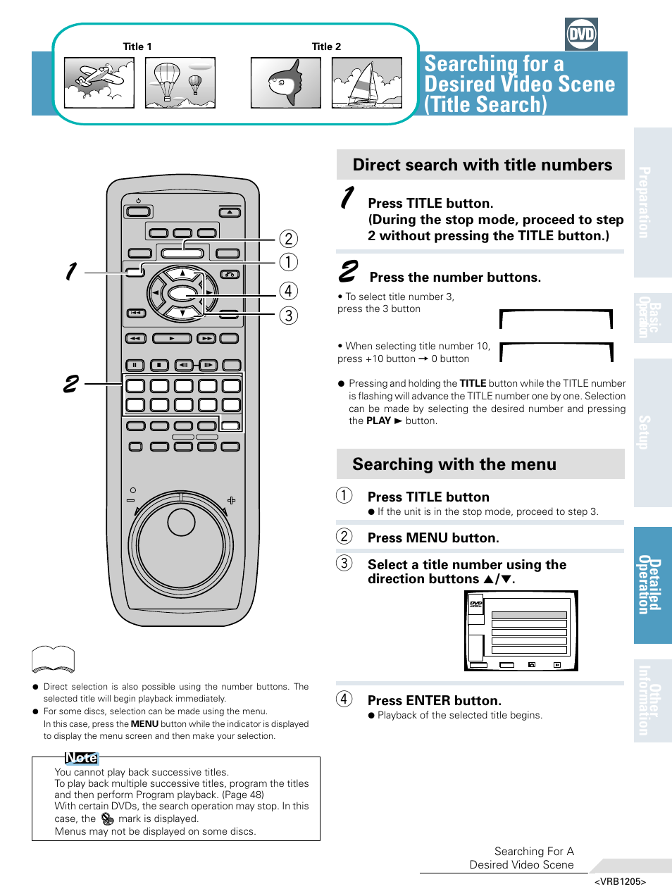 Searching for a desired video scene (title search), Searching for a desired video scene, Title search) | Press title button, Press menu button, Press enter button, Press the number buttons | Pioneer DV-05 User Manual | Page 45 / 62